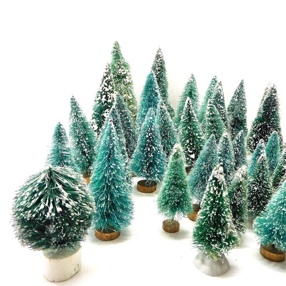 Set Of 46 Vintage Bottle Brush Trees Flocked Various Bases 2 - 6" - Picture 2 of 8